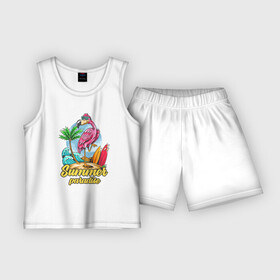Детская пижама с шортами хлопок с принтом Summer Paradise  Фламинго в Тюмени,  |  | flamingo | paradise | summer | лето | море | отдых | отпуск | пальма | пляж | птица | рай | розовый | фламинго