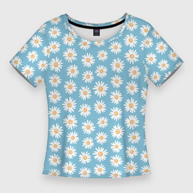 Женская футболка 3D Slim с принтом Ромашки, паттерн в Тюмени,  |  | на голубом фоне | пастельный | паттерн | ромашки | узор | цветочный | цветы