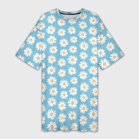 Платье-футболка 3D с принтом Ромашки, паттерн в Тюмени,  |  | на голубом фоне | пастельный | паттерн | ромашки | узор | цветочный | цветы