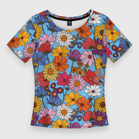 Женская футболка 3D Slim с принтом Ромашки лютики в Тюмени,  |  | васильки | лето | маки | паттерн | поле | полевые цветы | ромашка | цветы