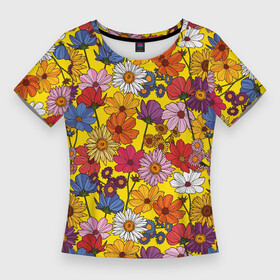 Женская футболка 3D Slim с принтом Цветочки лютики на желтом фоне в Тюмени,  |  | васильки | лето | полевые цветы | природа | ромашки | цветы