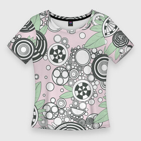 Женская футболка 3D Slim с принтом Абстрактные черно белые круги в зелёных листьях в Тюмени,  |  | абстрактные круги | геометрические круги | геометрические кружочки | геометрический узор | круги | круги и зелёные листья | кружочки | кружочки абстракционизм | узор из кругов