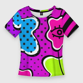 Женская футболка 3D Slim с принтом Яркий абстрактный узор в стиле 90х, неоновые цвета в Тюмени,  |  | Тематика изображения на принте: 90 | 90х | 90ые | pop art | амебы | геометрический | глаз | глаза | кислотные | кляксы | неон | неоновый | поп | поп арт | пятна | розовый | салатовый | сетка дот | яркий