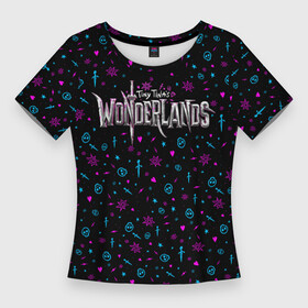 Женская футболка 3D Slim с принтом Tiny Tinas Wonderlands (logo and pattern) в Тюмени,  |  | borderlands | wonderlands | бордерлендс | вондерлендс | тина