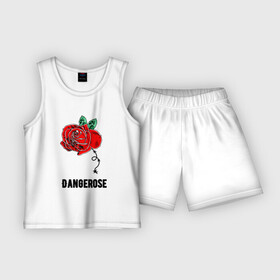 Детская пижама с шортами хлопок с принтом Dangerose в Тюмени,  |  | Тематика изображения на принте: dangerose | rose | бутон | красный | листья | надпись | опасность | проволока | роза | стиль | цветок | шипы