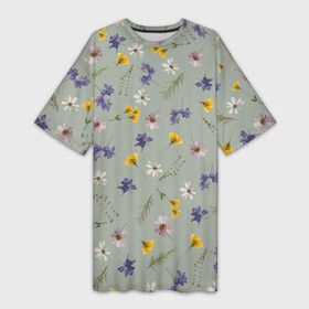 Платье-футболка 3D с принтом Простой цветочный принт на зеленом фоне в Тюмени,  |  | василек | весна | веточки | детский принт | зеленый | зеленый фон | летний принт | лето | милый принт | наивный принт | пионы | простые цветы | разноцветные цветы | ромашки | сирень | цветочки