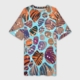 Платье-футболка 3D с принтом Разноцветные камушки, цветной песок, пальмовые листья в Тюмени,  |  | бесшовный | бесшовный паттерн | детский паттерн | камни | камушки | камушки на голубом фоне | камушки на пляже | пальмовые листья | пляжная тематика | пляжный | пляжный паттерн