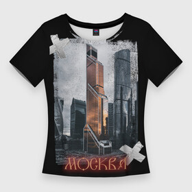Женская футболка 3D Slim с принтом Москоу Сити в Тюмени,  |  | moscow city | архитектура | город | москва | пасмурное небо | россия | черный фон