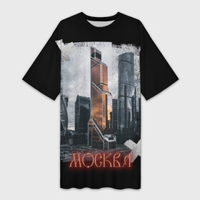 Платье-футболка 3D с принтом Москоу Сити в Тюмени,  |  | moscow city | архитектура | город | москва | пасмурное небо | россия | черный фон