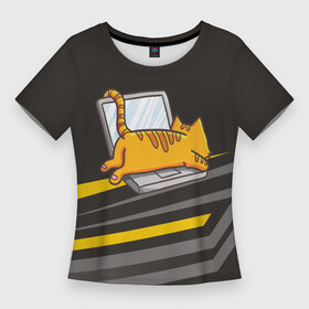 Женская футболка 3D Slim с принтом Котик лежит на ноутбуке в Тюмени,  |  | кот | кот на ноутбуке | котенок | котик | кошка | ноут | ноутбук | сон
