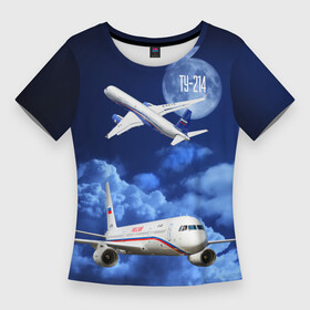 Женская футболка 3D Slim с принтом Пассажирский самолет Ту 214 в Тюмени,  |  | blue sky | civil | clouds | flies | plane | takeoff | tupolev | взлет | голубое небо | гражданский | летит | облака | самолет | ту 214 | туполев