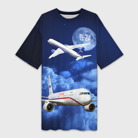 Платье-футболка 3D с принтом Пассажирский самолет Ту 214 в Тюмени,  |  | blue sky | civil | clouds | flies | plane | takeoff | tupolev | взлет | голубое небо | гражданский | летит | облака | самолет | ту 214 | туполев