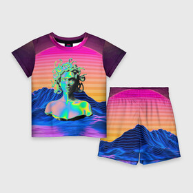 Детский костюм с шортами 3D с принтом Gorgon Medusa  Vaporwave  Neon  Mountains в Тюмени,  |  | color | face | gorgon | medusa | neon | snake | vaporwave | горгона | змея | лицо | медуза | неон | цвет