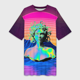 Платье-футболка 3D с принтом Gorgon Medusa  Vaporwave  Neon  Mountains в Тюмени,  |  | color | face | gorgon | medusa | neon | snake | vaporwave | горгона | змея | лицо | медуза | неон | цвет