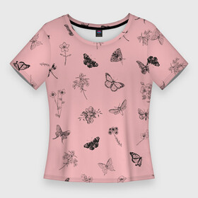 Женская футболка 3D Slim с принтом Цветочки и бабочки на розовом фоне в Тюмени,  |  | бабочки | весна | для девочек | летний принт | лето | милый дизайн | насекомые | пчелы | розовый | ромашки | стрекоза | цветочки | цветочный принт | цветы | черные бабочки