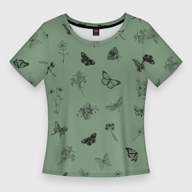 Женская футболка 3D Slim с принтом Цветочки и бабочки на зеленом фоне в Тюмени,  |  | бабочки | весна | для девочек | летний принт | лето | милый дизайн | насекомые | пчелы | розовый | ромашки | стрекоза | цветочки | цветочный принт | цветы | черные бабочки