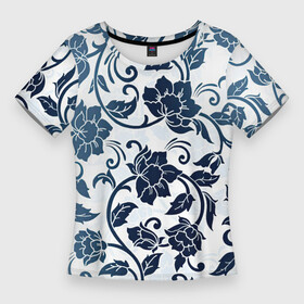 Женская футболка 3D Slim с принтом Гжелевые цветы в Тюмени,  |  | арт | вектор | гжелевый рисунок | гжель | народный рисунок | рисунок | синий | хохлома | цветок | цветы