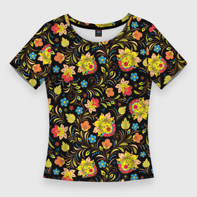 Женская футболка 3D Slim с принтом Мелкая хохлома в Тюмени,  |  | арт | вектор | желтый | зеленый | золотой | красный | народный рисунок | рисунок | хохлома | цветок | цветы | чёрный | ягода | ягоды