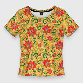 Женская футболка 3D Slim с принтом Оранжевая хохлома в Тюмени,  |  | арт | вектор | желтый | зеленый | золотой | красный | народный рисунок | рисунок | хохлома | цветок | цветы | чёрный | ягода | ягоды