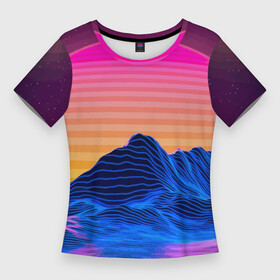 Женская футболка 3D Slim с принтом Vaporwave  Mountains  Психоделика  Неон в Тюмени,  |  | mountains | nature | neon | psychedelic | sun | горы | неон | природа | психоделика | солнце