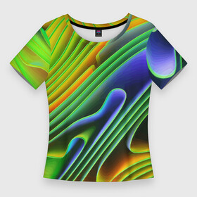 Женская футболка 3D Slim с принтом Цветные неоновые полосы  Абстракция  Color neon pattern  Abstraction в Тюмени,  |  | abstraction | bending | color | neon | pattern | stripe | wave | абстракция | волна | изгиб | неон | полоса | цвет