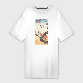 Платье-футболка хлопок с принтом Two Great Tits at Blossoming Tree в Тюмени,  |  | japan | ohara koson | искусство | картины | культура японии | охара косон | синица | япония | японская | японская анимация | японская культура | японская эстетика | японский стиль