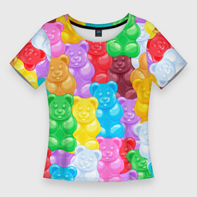 Женская футболка 3D Slim с принтом мармеладные мишки разноцветные в Тюмени,  |  | background | bear | bears | colorful | gummy bears | haribo | marmalade | multicolor | sweets | мармелад | мармеладные мишки | медведи | медведь | мишки | мультицвет | разноцветный | сладости | фон | харибо