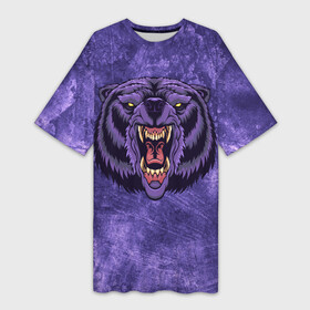 Платье-футболка 3D с принтом Мистический медведь в Тюмени,  |  | голова | гризли | жестокий | злобный | злой | косолапый | лес | лютый | медведище | медведь | мистика | мистический | сердитый | фиолетовый | хищник | хозяин | яростный