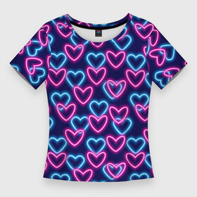 Женская футболка 3D Slim с принтом Неоновые сердца, паттерн в Тюмени,  |  | абстракция | любовь | неон | неоновый | розовый | сердце | темный фон