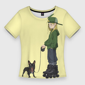 Женская футболка 3D Slim с принтом Девочка и собака улыбака в Тюмени,  |  | бульдог | девушка | мопс | ролики | роллер | смайл | собака | тинейджер | улыбка