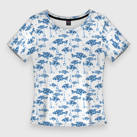 Женская футболка 3D Slim с принтом Голубые рыбки ретро принт в Тюмени,  |  | blue and white | fish | nautical | морской | пляжный узор | рыбы