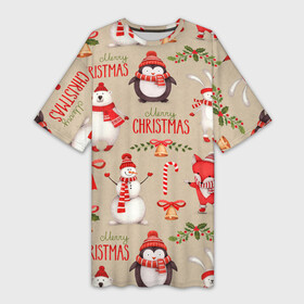 Платье-футболка 3D с принтом СЧАСТЛИВОГО РОЖДЕСТВА ( MERRY CHRISTMAS) в Тюмени,  |  | Тематика изображения на принте: дед мороз | елка | заяц | зима | каникулы | лиса | медведь | олени | пингвин | праздник | праздничный | снег | цитата