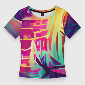 Женская футболка 3D Slim с принтом Хиппи вайб в Тюмени,  |  | bright | colors | happy | hippie | jungle | summer | tropic | vibe | абстракция | вайб | джунгли | красочный | лето | настроение | радостный | разноцветный | счастливый | тропический | фееричный | хиппи | цвета