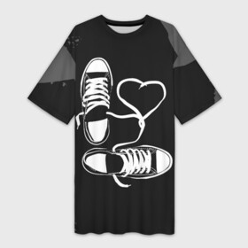 Платье-футболка 3D с принтом Кеды и любовь в Тюмени,  |  | альтернатива | грандж | кеды | любовь | обувь | рок | сердце | спорт | черно белое | шнурки