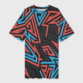 Платье-футболка 3D с принтом Геометрический красный синий паттерн в Тюмени,  |  | геометрия | красный | паттерн | синий | текстура | угол | цвет | черный