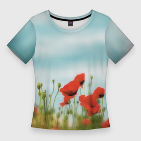 Женская футболка 3D Slim с принтом Маки  небо в Тюмени,  |  | Тематика изображения на принте: в поле | красные пятна | мак | маки | небо | небо с цветами | поле | полевые цветы | природа | с маками | с цветами | цветочный принт | цветы