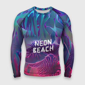 Мужской рашгард 3D с принтом Neon beach в Тюмени,  |  | Тематика изображения на принте: beach | blue | bright | colors | fern | gradient | jungle | leaves | multicoloured | neon | palm | purple | red | summer | tree | tropical | градиент | джунгли | красный | лето | неон | пальма | папоротник | пляж | радостный | разноцветный | син