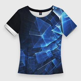 Женская футболка 3D Slim с принтом Abstract geometric  Прозрачные синие голографические кубы в Тюмени,  |  | abstraction | geometric | neon | pattern | абстракция | геометрия | неон | паттерн