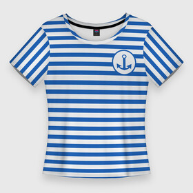 Женская футболка 3D Slim с принтом Морская тельняшка  бело синие полосы и якорь в Тюмени,  |  | бело синий | вмф | морская тельняшка | моряк | полосатая майка | полоски | тельняшка | якорь