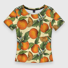 Женская футболка 3D Slim с принтом Узор Апельсиновое настроение в Тюмени,  |  | drawn | fruit | frukt | frukti | frukty | hand | handdrawn | orange | pattern | summer | tropical | апельсиновый сок | апельсины | вручную | лето | паттерн | рисунок от руки | фруктовый узор | целые апельсины