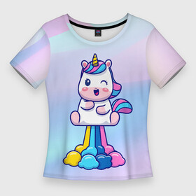 Женская футболка 3D Slim с принтом Взлетающий единорог в Тюмени,  |  | unicorn | газы | единорог | инрог | лошадь | пук | радуга | существо