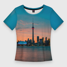 Женская футболка 3D Slim с принтом Закат в Торонто в Тюмени,  |  | canada | eclips | toronto | вечер | город | закат | канада | мегаполис | торонто