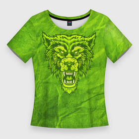 Женская футболка 3D Slim с принтом Ядовитый волк в Тюмени,  |  | волк | волчище | голова | дикий | желтоватый | желтый | жестокий | зеленоватый | зеленый | злобный | злой | кислотный | лютый | сердитый | хищник | ядовитый | яростный