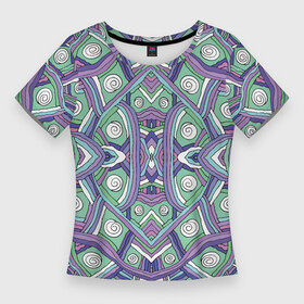 Женская футболка 3D Slim с принтом Абстрактный разноцветный принт в дудл стиле в Тюмени,  |  | абстрактный | абстракция | белый | вектор | векторная графика | векторная иллюстрация | зеленый | искусство | калейдоскоп | картина | круги | лайн арт | лиловый | линер | линии | обводка | полосы