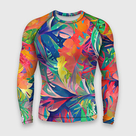 Мужской рашгард 3D с принтом Летний тропический принт в Тюмени,  |  | bright | colors | fern | flowers | jungle | leaves | multicoloured | nature | palm | plants | positive | summer | tropics | джунгли | красочный | лето | листья | пальмы | папоротник | позитивный | природа | разноцветный | растения | тропики | цветы | ярки