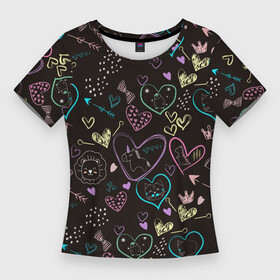 Женская футболка 3D Slim с принтом Паттерн милые животные и сердечки в Тюмени,  |  | дракон | единорог | корона | кот | котик | кошка | лев | львенок | паттерн | пингвин | сердце
