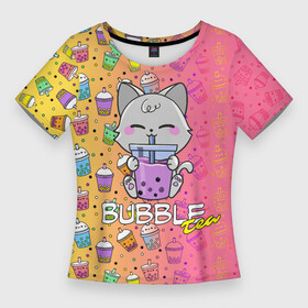 Женская футболка 3D Slim с принтом Bubble Tea  Бабл Ти в Тюмени,  |  | boba tea | bubble tea | girls | kids | milk tea | бабл ти | боба чай | девочкам | молочный чай