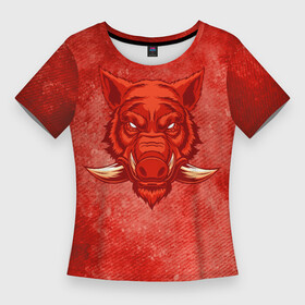 Женская футболка 3D Slim с принтом Красный кабан в Тюмени,  |  | бешеный | бурый | вепрь | грубый | дикий | злой | кабан | красный | свинья | секач | сумасшедший | хряк | яростный