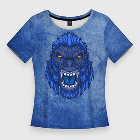 Женская футболка 3D Slim с принтом Галактическая горилла в Тюмени,  |  | бигфут | гневный | голова | гордый | горилла | гримаса | дикий | животное | зверь | злой | йети | монстр | мощный | мощь | обезьяна | опасный | примат | разгневанный | сердитый | сила | синий