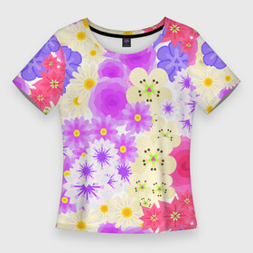 Женская футболка 3D Slim с принтом ЦВЕТОЧНАЯ МОЗАИКА  РОМАШКИ, РОЗЫ, ПЕТУНЬИ в Тюмени,  |  | петуньи | разноцветный | розы | ромашки | цветочный узор | цветы